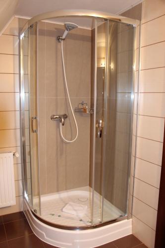 a shower with a glass door in a bathroom at Vila Trapez in Braşov