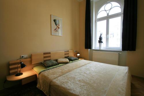ein Schlafzimmer mit einem großen Bett und einem Fenster in der Unterkunft Apartment No. 20 Jaltská 3 in Karlsbad