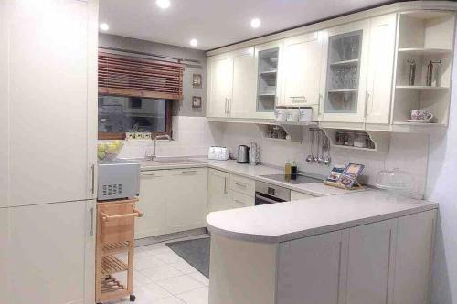 斯基亚索斯镇Skiathos Town House的厨房配有白色橱柜和白色台面