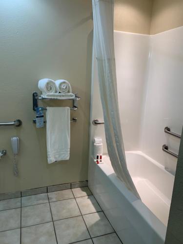 a bathroom with a tub and a shower curtain at Microtel Inn & Suites by Wyndham Hattiesburg in Hattiesburg
