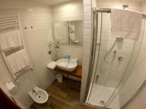 a bathroom with a shower and a sink and a toilet at Hotel Ausonia in Naples