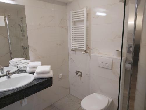 a bathroom with a sink and a toilet and a shower at Appartement Aragia in Klagenfurt