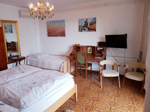 um quarto com uma cama e uma secretária com uma televisão em B&B Family Skvor em Portorož