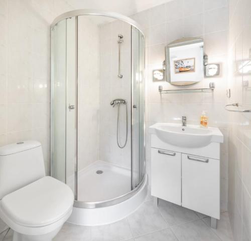 a bathroom with a shower and a toilet and a sink at Willa Przy Plaży in Pogorzelica
