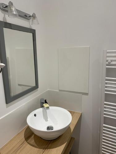 ein Badezimmer mit einem weißen Waschbecken und einem Spiegel in der Unterkunft CHEZ PAUL in Honfleur