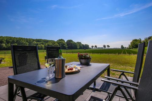 a table with a plate of food and a glass of wine at AenBetje in Goedereede