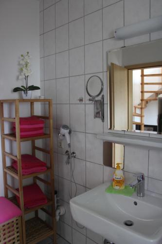 フォグツブルクにあるWinzerhof Sennのバスルーム(洗面台、鏡付)