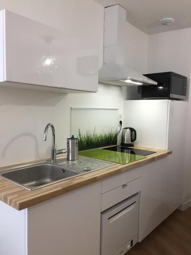 une cuisine avec un évier et un plan de travail dans l'établissement La Villa des Remparts, à Lisieux