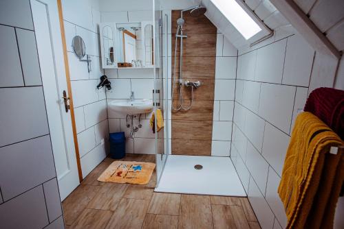 ein Bad mit einer Dusche und einem Waschbecken in der Unterkunft Apartments Krista in Seeboden