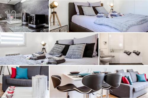 un collage de fotos de un dormitorio con cama y mesa en Séjour Toulouse Purpan Le D'este, en Toulouse