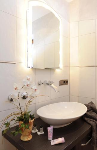 a bathroom with a sink and a mirror at Hotel Christl in Rohrdorf