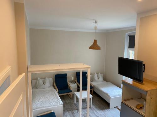 Kleines Zimmer mit einem Etagenbett und einem TV. in der Unterkunft FeWo Droyßig Villa Edelgard in Droyßig