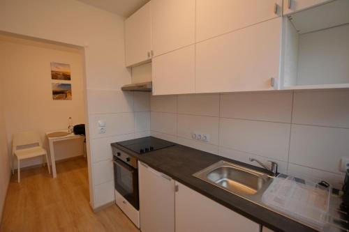 eine Küche mit weißen Schränken und einem Waschbecken in der Unterkunft Appartement Wildkamp in Salzgitter