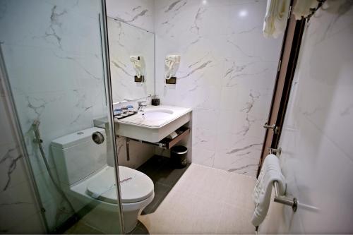uma casa de banho com um WC, um lavatório e um chuveiro em Luckful Hotel em Hanói
