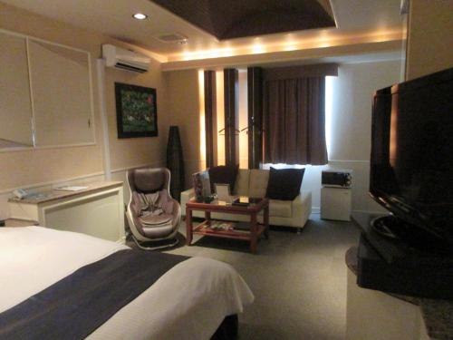 ein Hotelzimmer mit einem Bett und einem TV in der Unterkunft ウォーターゲート鹿児島 in Kagoshima