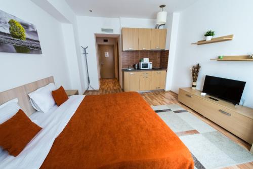 a bedroom with a bed and a television at Vitan ApartHotel in Bucharest
