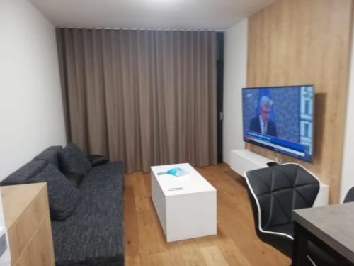 a living room with a couch and a flat screen tv at Green apartmány in Čeladná