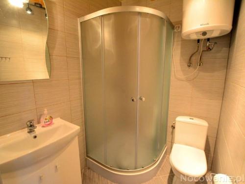 a bathroom with a shower and a toilet and a sink at Domki Letniskowe Orka in Jarosławiec