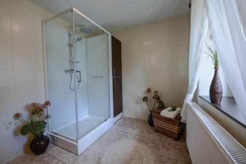 a bathroom with a shower with a glass door at Chatka Czarny Bocian w Podgórzynie in Podgórzyn