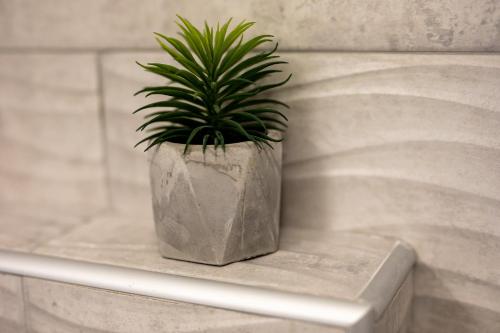 a plant in a stone pot sitting on a wall at Annona Apartments in Bečej