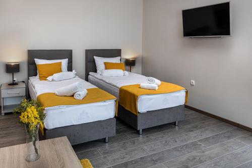 two beds in a room with a flat screen tv at Annona Apartments in Bečej