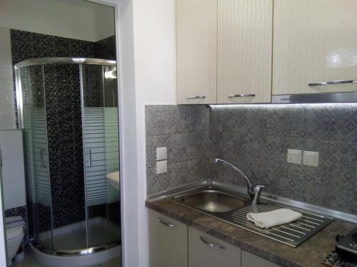 uma pequena cozinha com um lavatório e um chuveiro em petros house em Sarti