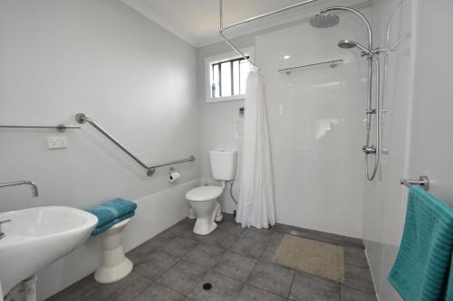 een badkamer met een douche, een wastafel en een toilet bij The Lazaret in Kingscote