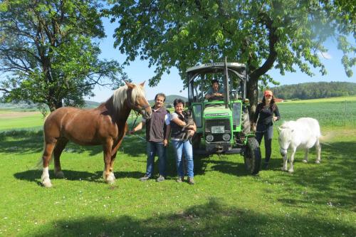 a group of people and a horse and a tractor at Ponyhof Adam Urlaub auf dem Bauernhof in Eschlkam