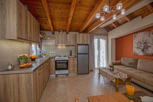 a kitchen with wooden cabinets and a couch in a room at Nefeli seaview apartment in Argostoli