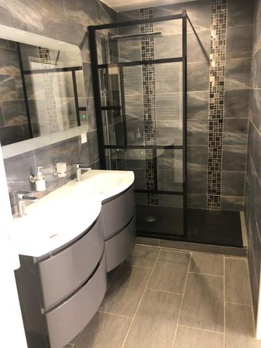 une salle de bain avec un lavabo et une douche dans l'établissement Cap Paradise suite jacuzzi, au Cap d'Agde