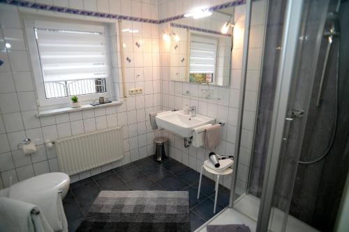 a bathroom with a sink and a shower and a toilet at Wein und Gästehaus Scheid in Sankt Aldegund