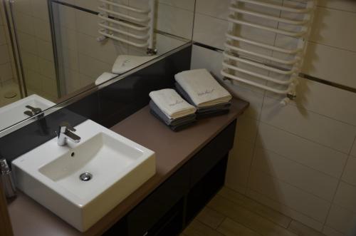 a bathroom with a sink and a mirror and towels at Czarna Góra Haven in Sienna