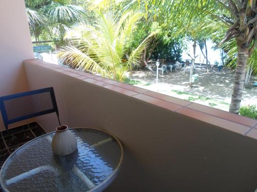 a table with a vase sitting on top of a window at Hotel Pousada Paraíso das Águas in Barreirinhas