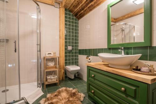 a bathroom with a dog laying on the floor at Villa Adamo & Relax in Zakopane
