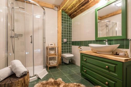 a green bathroom with a sink and a shower at Villa Adamo & Relax in Zakopane
