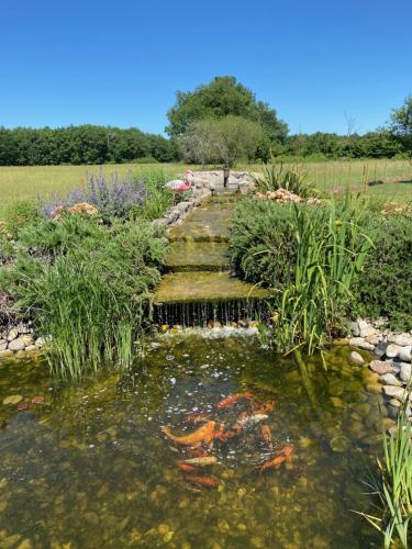 a garden with a pond with kites in the water at La petite maison dans le Quercy in Cayriech