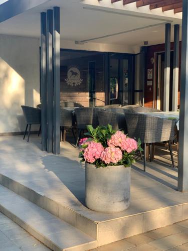 a planter with pink flowers in it on a patio at Mohácsi Wellness Vendégház és Lovasklub in Mohács