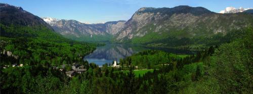 un lago en medio de un valle con montañas en Apartments Žnidar, en Bohinj