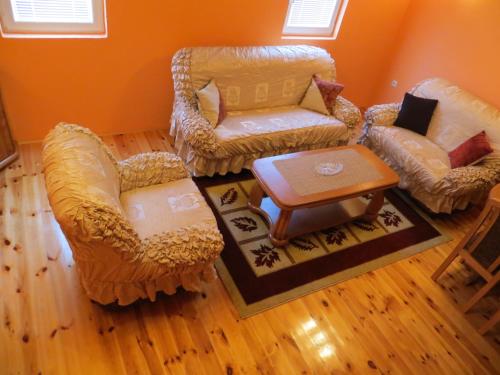a living room with two chairs and a table at Rooms and Bungalows Sreten Žugić in Žabljak