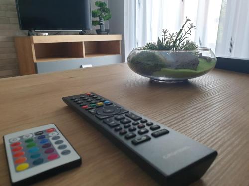 two remote controls sitting on a table next to a bowl at Apartment Asgard in Drežnik Grad