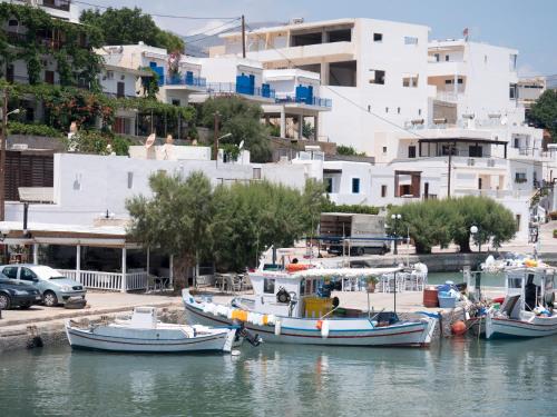 a group of boats docked in the water with buildings at Nikos & Joanna's appartments in Makry Gialos