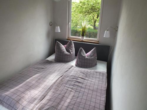 1 dormitorio con cama con almohadas y ventana en An der Elde mit Boot en Lübz
