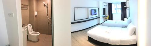 two pictures of a bathroom with a bed and a toilet at TEXAS INN in Sibu