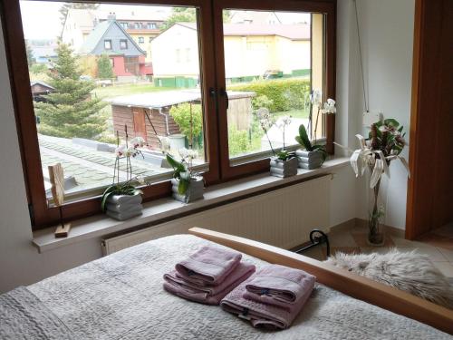 1 dormitorio con ventana y 2 toallas en una cama en Ferienhaus Prinzler, en Friedrichsbrunn