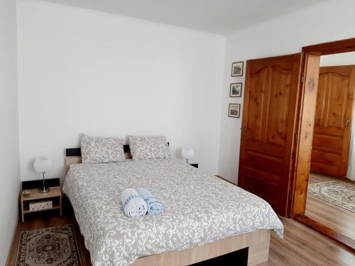 Schlafzimmer mit einem Bett und einer Holztür in der Unterkunft Casa Hermann in Sighişoara