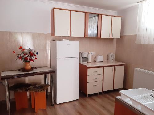 eine Küche mit einem weißen Kühlschrank und einem Tisch in der Unterkunft Casa Hermann in Sighişoara