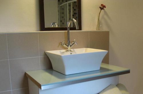 a white sink in a bathroom with a mirror at Hof Seebrookquelle in Schlesen