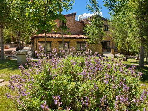 a garden with purple flowers in front of a building at HOTEL MASIA EL MOLINETE in Mora de Rubielos