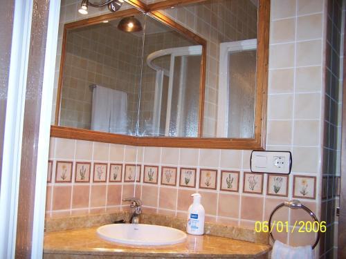 a bathroom with a sink and a mirror at Casa Rural La Pumarada de Limés in Cangas del Narcea