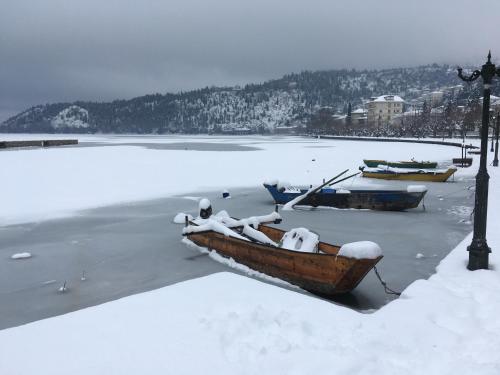 Una barca con due orsi polari sopra nella neve di Voria Paralia a Kastoria